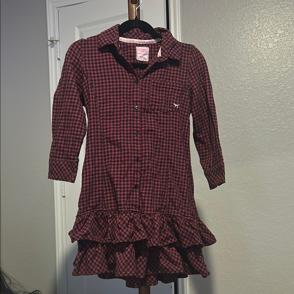 W Victoria Secret Pink Texas A&M Red Plaid Ruffle Pajama Dress Size Small |D55